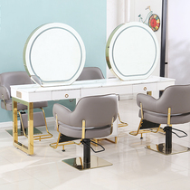 Hairdresse Shop Mirror Desk Hair Salon Special Beauty Hair Shop Double Face Cut Hair Round Mirror Simple Net Red Solid Wood Bronzing Table With Lamp