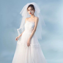 Head yarn bride wedding short multiple layers fluffy head yarn white pearl Korean-style photography Write a real outdoor head yarn