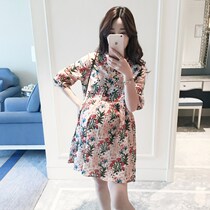 Maternity clothes spring and summer clothes 2021 new Korean version of the long five-point sleeve printing shirt dress cotton and hemp maternity dress