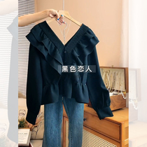 European station black long-sleeved v-neck ruffled shirt women 2022 early autumn new design high-end niche top