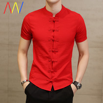 Men Shirt Chinese style Linen Short sleeve man red Shirts