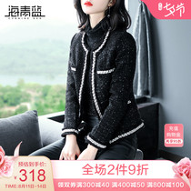 Sea blue 2021 autumn new womens fashion western style casual black tweed round neck short jacket trend