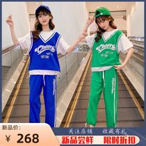 Girls Summer New Korean Version Online Red Ocean Gas Trendy Fake Two Casual Sports Short Sleeve Letters Basketball Suit Suit