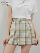 (With belt) seven volume one cut small man light yellow fresh color color plaid high waist casual pants shorts Women summer 0513