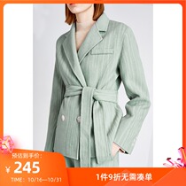 Lily new womens design sense texture stripe belt double-breasted wool suit 2925KK