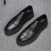 Bullock leather shoes Mens Inn Han version trendy thick bottom business casual shoes genuine leather carved round head inside heightening mens shoes