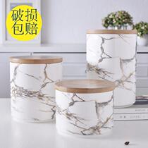  Nordic marble grain ceramic wooden lid sealed tank Storage preservation tank Dried fruit grains Tea food storage tank