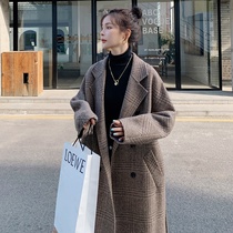 Curry colored plaid woolen coat womens long 2021 autumn and winter New High sense Hepburn style retro woolen coat