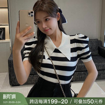 deessesicile 9 fold design feeling small Korean wind stripe Bubble Cuff knit tee short sleeve T-shirt woman