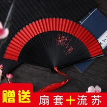 Chinese style classical ancient style small hand-painted big red hollow womens folding fan Portable portable dance fan Hanfu