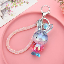 Cute colorful acrylic rabbit car keychain pendant creative drill rope accessories student schoolbag hanging chain