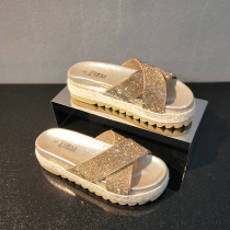  Korean summer new straw thick-soled slippers womens fashion outer wear wild rhinestone cross-belt muffin Roman sandals