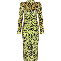  Long Dress Leopard Long Sleeve  Stand Neck Clubwear Dress