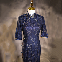 Blue cheongsam 2021 New lace young high-end temperament long retro modified dress autumn