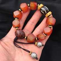 Original design Tibetan Tang Eight-edged barrel pearl natural persimmon red old red Manau hand string bracelet with hand chain Zhu sand Tianzhu Handheld