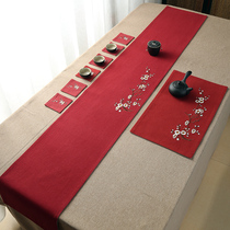 Chinese table flag embroidered cotton hemp tea mat Chinese style tea ceremony Elegant tea table Table mat Dry bubble Zen classical tea flag cloth