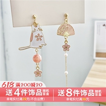 S925 silver needle Japan-ROK ultra-fairy Cat Fan Asymmetrical Ear Nail Girl Flower earring ear clip B482