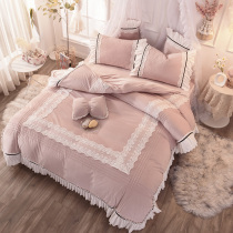 Baobao velvet coral velvet sheets winter Crystal velvet thickened princess style lace four-piece double-sided quilt cover