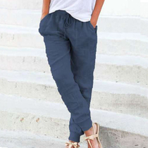 Plus Size Trousers Cotton Linen Mid Waist Pockets Pants Lady