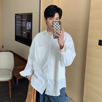 Hualun Spring and Autumn Collage White Casual Shirt Mens Design Sense Niche Top Personality Trend Long Sleeve Shirt