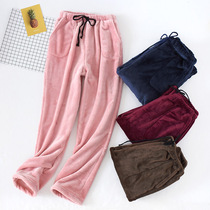 Winter coral velvet couple pajamas women thickened warm flannel mens home trousers can be worn outside solid color loose