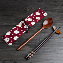 Solid wood spoon Japanese cute tableware and wind spoon wooden couple environmental protection set fork chopsticks gift tie line