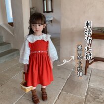  Girls  Red Sundress 2021 Spring and Autumn childrens and womens baby cotton wool ear embroidery flower dress Western style