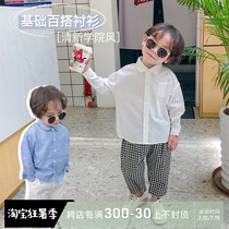 2022 Spring Dress New Children White Shirt Boy Baby Long Sleeve Striped Lining Clothes Children Foreign Air Blouse Pure Cotton