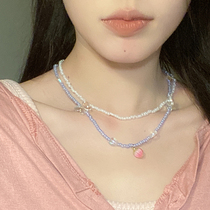 Summer temperament fresh double layer love beaded butterfly necklace high-end niche design clavicle chain all-match necklace