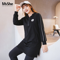 MsShe large size womens 2021 new fat mm autumn wear age reduction zipper hooded split hem long sweatshirt