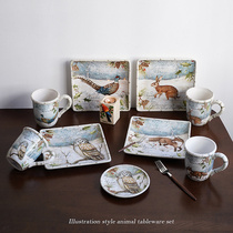 Export illustration forest animal rabbit owl Fox ceramic tableware set American plate mug gift