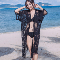 Sexual beach bikini swimsuit steel tray three-piece swimsuit cardigan hollow lace black long blouse