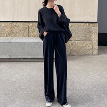 Golden velvet wide leg pants womens autumn and winter drop feeling Korean version of high waist loose slim straight tube mopping and velvet casual trousers