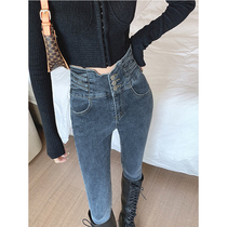 Plus velvet jeans women 2021 autumn and winter New High waist slim design sense niche black stretch pants