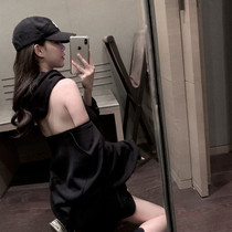 Large size loose sexy openwork off-the-shoulder hooded long-sleeved sweatshirt Korean version of the personality versatile big backless zipper top woman