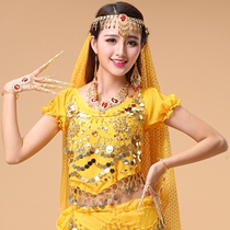 New Indian dance for womens blouses with snow-spinning highlights special price belly leather dance clothing blouses five flowers practice short sleeves