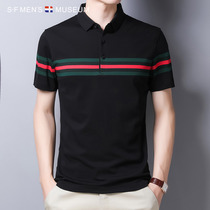 Short-sleeved t-shirt polo shirt mens summer tide pure cotton wild high-end striped thin section of young and middle-aged business casual t-shirt