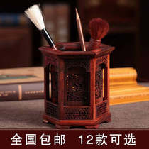 Mahogany pen holder red sour branch solid wood hexagonal hollow pen holder wood carving ornaments boutique study Four Treasures high-grade gifts