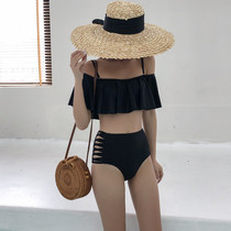 ins Wind one word shoulder retro split sexy bikini small breasts gather high waist conservative slim hot spring swimsuit women