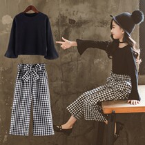 Girls autumn dress wide leg pants set 5 Korean version 7 big child 12 trumpet sleeve 13 nine-year-old girl Plaid Autumn Tide dress
