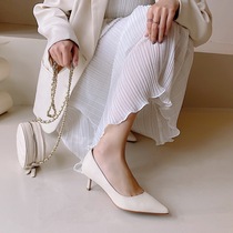 White pointed shoes womens 2021 spring and summer new nude leather wild sexy thin heel side empty high heels net red