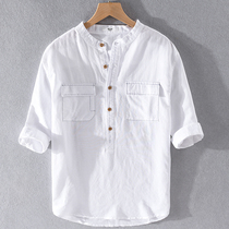 Cotton linen short sleeve mens seven-point sleeve shirt summer trend stand collar Middle sleeve shirt mens linen clothes