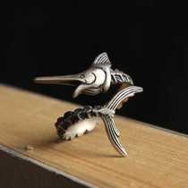 Flag Fish Ring Marlin Fish Marine Opening Ring 925 Pure Silver Adjustable Size Flag Fish Ring Marine Ornament
