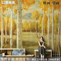 Nordic Hand Painted Abstract Oil Painting White Birch Forest Woods Living Room TV Background Wall Paper Seamless Sofa Wallpaper Wall Canvas