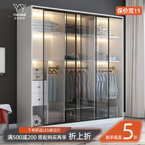 Light luxury push-pull glass door wardrobe Nordic custom home bedroom large wardrobe combination modern minimalist locker