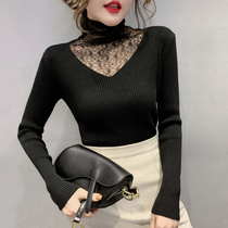 European Station 2021 Autumn Winter New European Stock Sexy Lace Splicing Knit Undershirt Lady Gnitwear Sweater