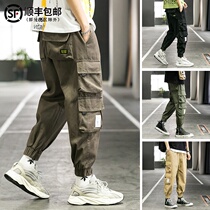 Tide brand multi-pocket casual pants mens autumn and winter ins trend loose wide leg straight leg leg trousers plus velvet overalls pants