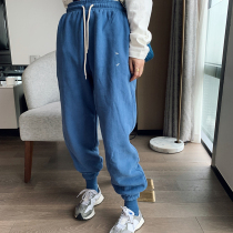 Xixi women Europe station 2020 Winter new waist elastic drawstring left pocket line plus velvet pants 41984