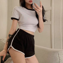 Sports Wind Suit Woman Summer Short hit Color T-shirt Exposed Navel Short Sleeve Blouse Pair with casual shorts Two sets of damp