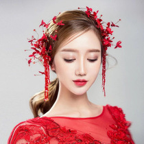 Bride headdress red hair accessory flower tassel hairclip edge clip handmade wedding headdress Chinese dress toast